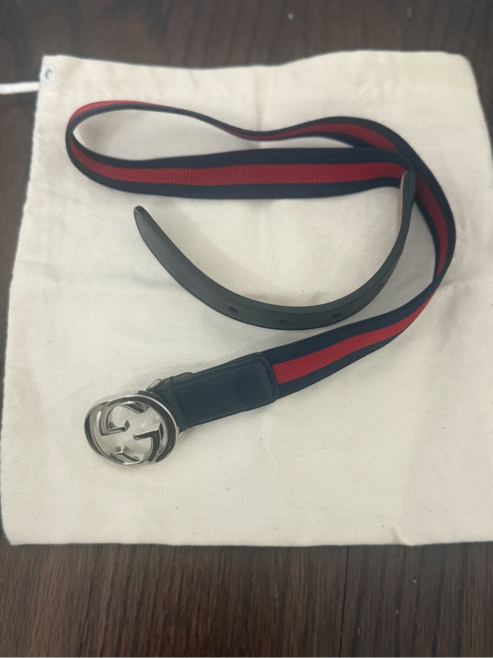 Gucci kids Designer Red & Navy Web Belt with Silver Logo Buckle